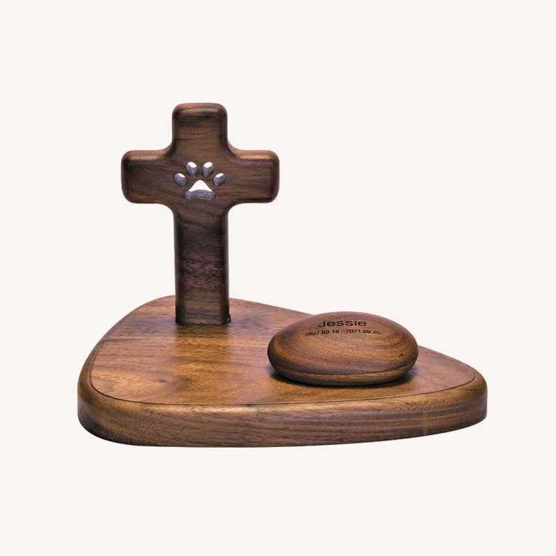 Pet Memorial Cross Altar Stand with Stone-Shaped Urn