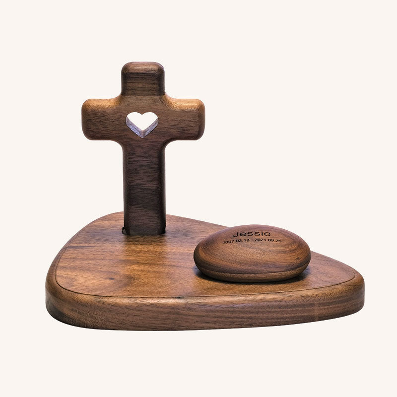 Pet Memorial Cross Altar Stand with Stone-Shaped Urn