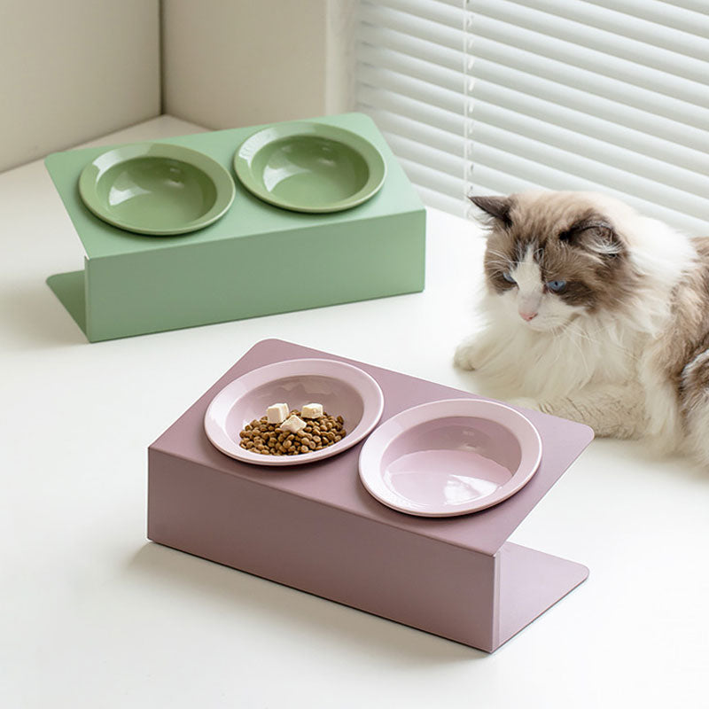 Gemino Ceramic Dual-Bowl Set with Iron Stand