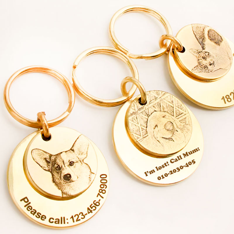 Embossed Portrait Brass Layered Pet ID Tag