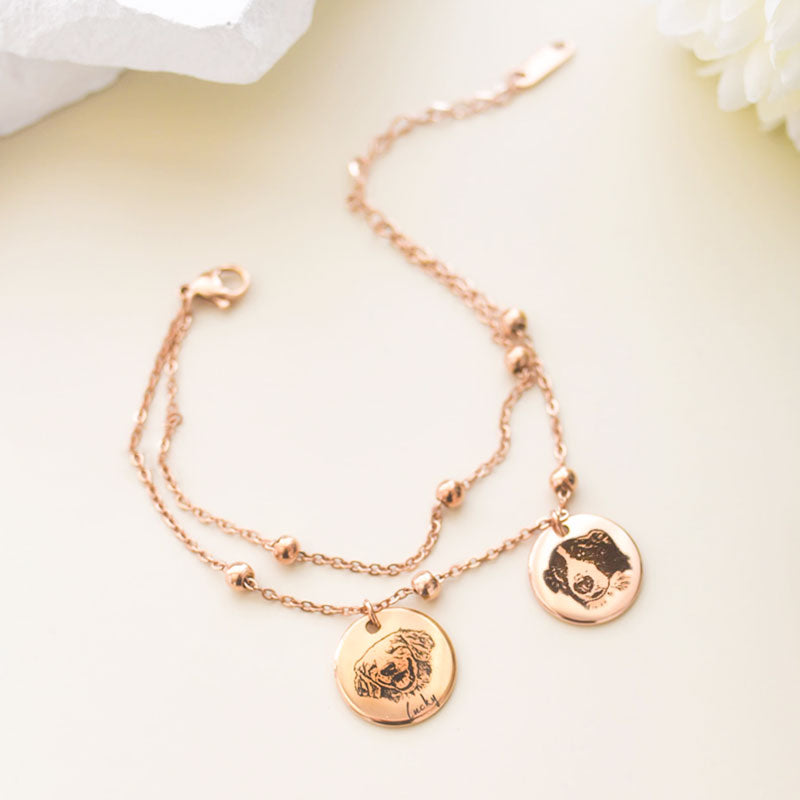 Double-Layered Engraved Bracelet with Double Pet Pendants