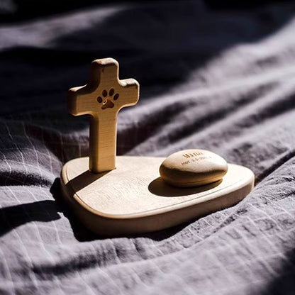 Pet Memorial Cross Altar Stand with Stone-Shaped Urn