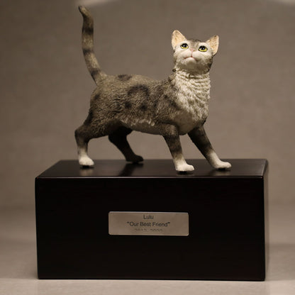 Sandalwood Pet Urn with 3D Tabby Selkirk Rex Statue