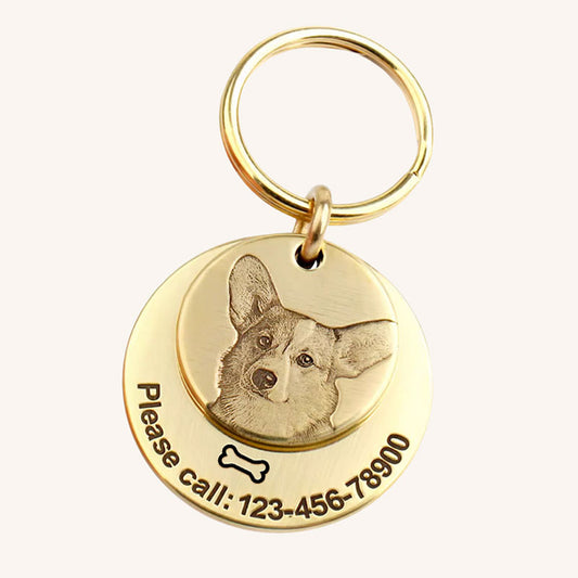 Embossed Portrait Brass Layered Pet ID Tag